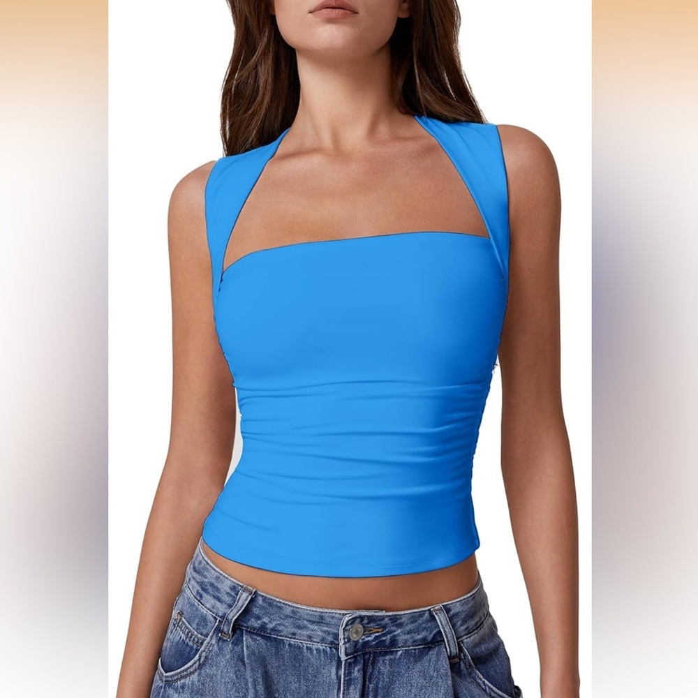 Women‎ Square Neck Tank Tops Side Ruched Double Lined Slim Fit Summer Crop Top S